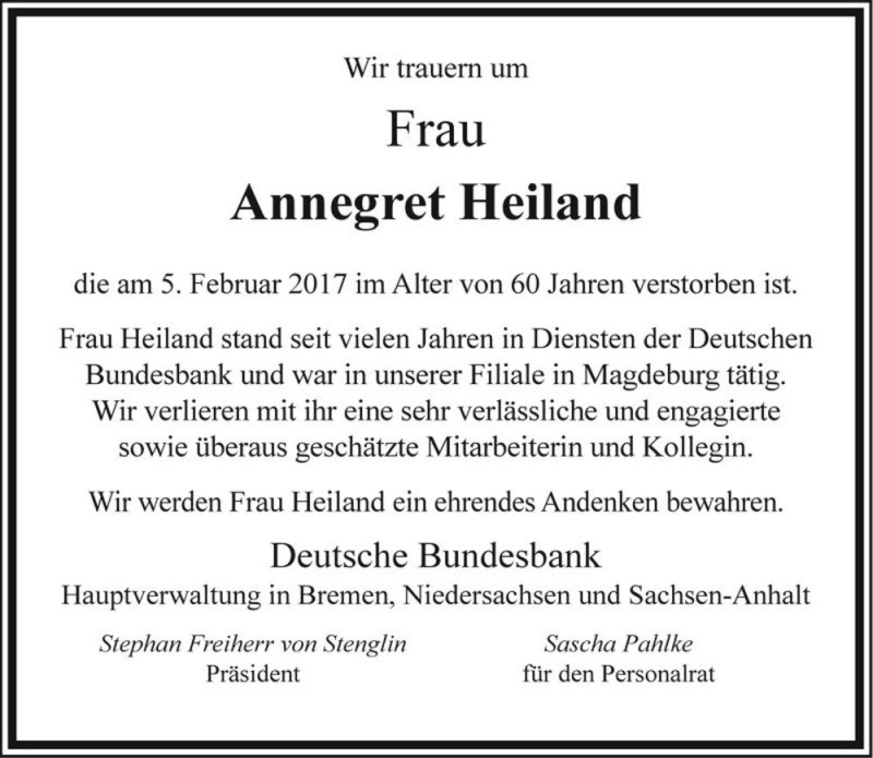  Traueranzeige für Annegret Heiland  vom 11.02.2017 aus Magdeburger Volksstimme