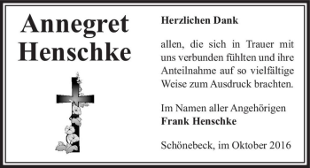 Traueranzeige von Annegret Henschke  von Magdeburger Volksstimme