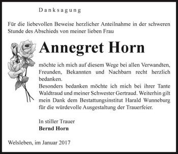 Traueranzeige von Annegret Horn  von Magdeburger Volksstimme