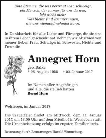Traueranzeige von Annegret Horn (geb. Balke)  von Magdeburger Volksstimme
