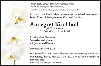 Traueranzeige von Annegret Kirchhoff (geb. Zimmermann)  von Magdeburger Volksstimme