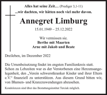 Traueranzeige von Annegret Limburg  von Magdeburger Volksstimme