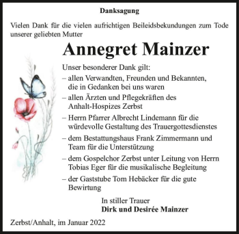 Traueranzeige von Annegret Mainzer  von Magdeburger Volksstimme