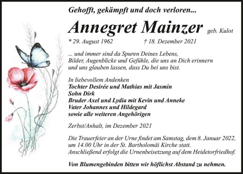  Traueranzeige für Annegret Mainzer (geb. Kulot)  vom 24.12.2021 aus Magdeburger Volksstimme