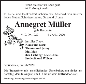 Traueranzeige von Annegret Müller (geb. Haedecke)  von Magdeburger Volksstimme