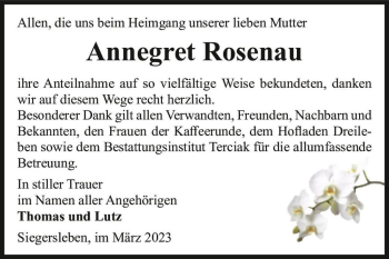Traueranzeige von Annegret Rosenau  von Magdeburger Volksstimme