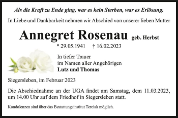 Traueranzeige von Annegret Rosenau (geb. Herbst)  von Magdeburger Volksstimme