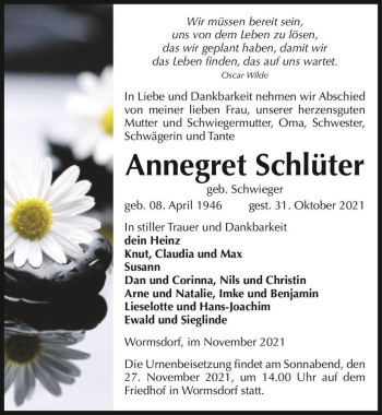 Traueranzeige von Annegret Schlüter (geb. Schwieger)  von Magdeburger Volksstimme