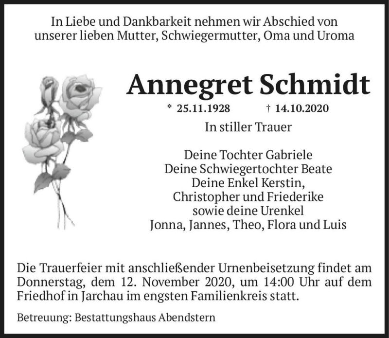  Traueranzeige für Annegret Schmidt  vom 07.11.2020 aus Magdeburger Volksstimme
