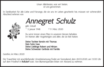 Traueranzeige von Annegret Schulz (geb. Greuel)  von Magdeburger Volksstimme