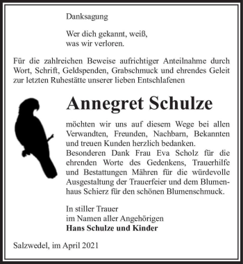 Traueranzeige von Annegret Schulze  von Magdeburger Volksstimme