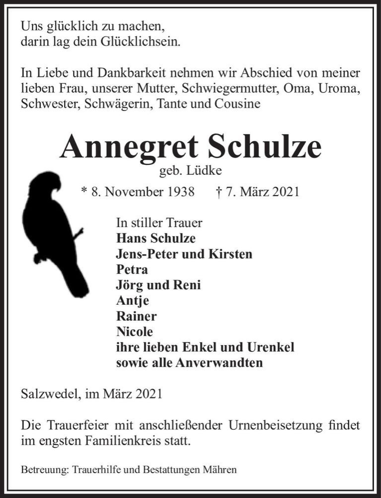  Traueranzeige für Annegret Schulze (geb. Lüdke)  vom 12.03.2021 aus Magdeburger Volksstimme
