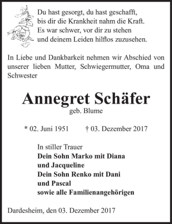 Traueranzeige von Annegret Schäfer (geb. Blume)  von Magdeburger Volksstimme