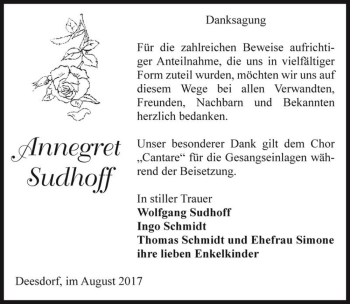 Traueranzeige von Annegret Sudhoff  von Magdeburger Volksstimme