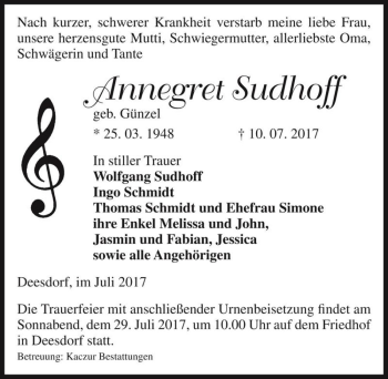 Traueranzeige von Annegret Sudhoff (geb. Günzel)  von Magdeburger Volksstimme