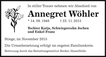 Traueranzeige von Annegret Wöhler  von Magdeburger Volksstimme