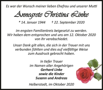 Traueranzeige von Annegrete Christina Linke  von Magdeburger Volksstimme