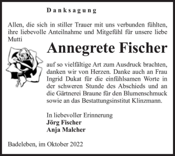 Traueranzeige von Annegrete Fischer  von Magdeburger Volksstimme