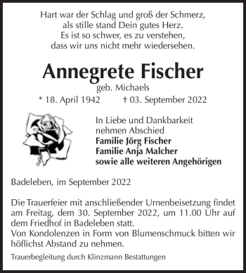 Traueranzeige von Annegrete Fischer (geb. Michaels)  von Magdeburger Volksstimme