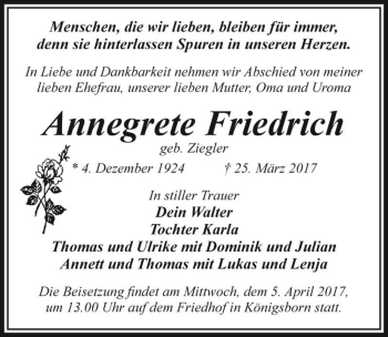 Traueranzeige von Annegrete Friedrich (geb. Ziegler)  von Magdeburger Volksstimme