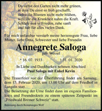 Traueranzeige von Annegrete Saloga (geb. Wessel)  von Magdeburger Volksstimme