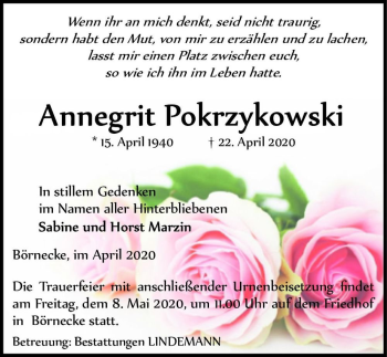 Traueranzeige von Annegrit Pokrzykowski  von Magdeburger Volksstimme