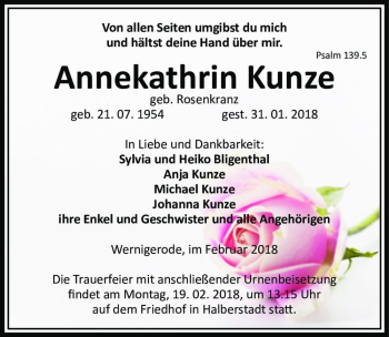 Traueranzeige von Annekathrin Kunze (geb. Rosenkranz)  von Magdeburger Volksstimme