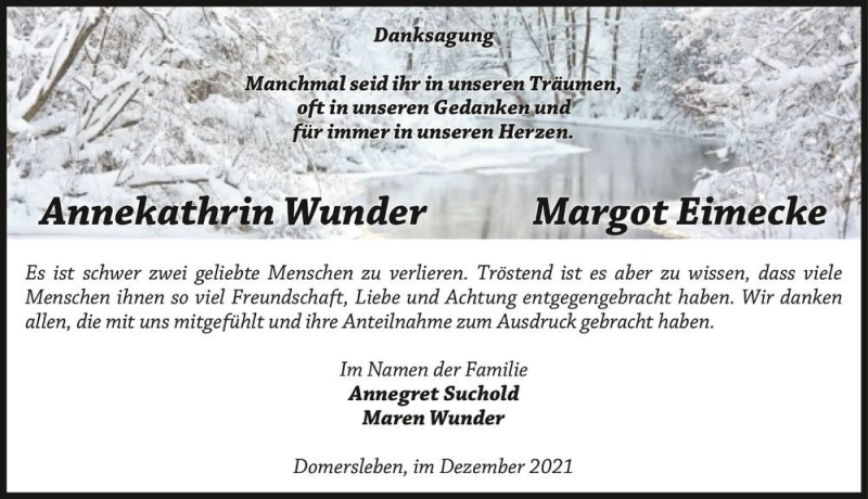  Traueranzeige für Annekathrin Wunder & Margot Eimecke  vom 31.12.2021 aus Magdeburger Volksstimme