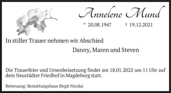 Traueranzeige von Annelene Mund  von Magdeburger Volksstimme