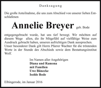 Traueranzeige von Annelie Breyer (geb. Bode)  von Magdeburger Volksstimme