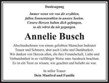 Traueranzeige von Annelie Busch  von Magdeburger Volksstimme