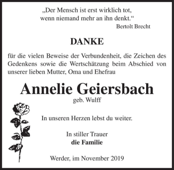 Traueranzeige von Annelie Geiersbach (geb. Wulff)  von Magdeburger Volksstimme