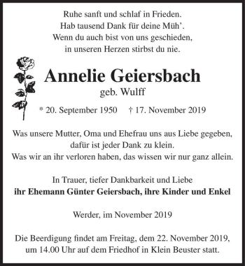 Traueranzeige von Annelie Geiersbach (geb.Wulff)  von Magdeburger Volksstimme