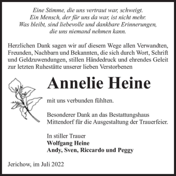 Traueranzeige von Annelie Heine  von Magdeburger Volksstimme