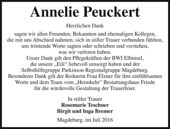 Traueranzeige von Annelie Peuckert  von Magdeburger Volksstimme