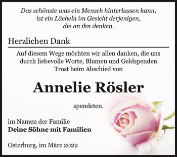 Traueranzeige von Annelie Rösler  von Magdeburger Volksstimme