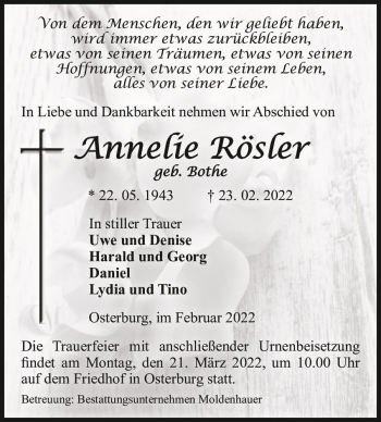 Traueranzeige von Annelie Rösler (geb. Bothe)  von Magdeburger Volksstimme