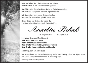 Traueranzeige von Annelies Behnk  von Magdeburger Volksstimme