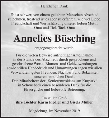 Traueranzeige von Annelies Büsching  von Magdeburger Volksstimme