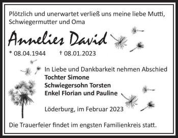 Traueranzeige von Annelies David  von Magdeburger Volksstimme