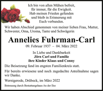 Traueranzeige von Annelies Fuhrman-Carl  von Magdeburger Volksstimme