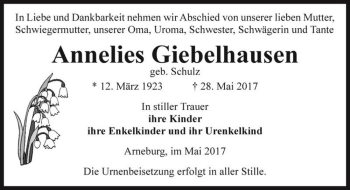 Traueranzeige von Annelies Giebelhausen (geb. Schulz)  von Magdeburger Volksstimme