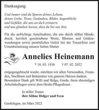 Traueranzeige von Annelies Heinemann  von Magdeburger Volksstimme