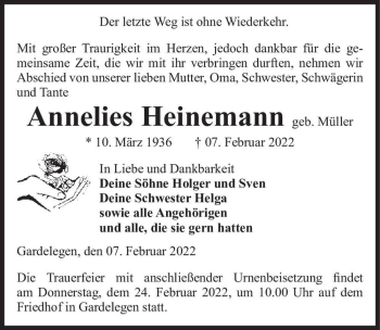 Traueranzeige von Annelies Heinemann (geb. Müller)  von Magdeburger Volksstimme