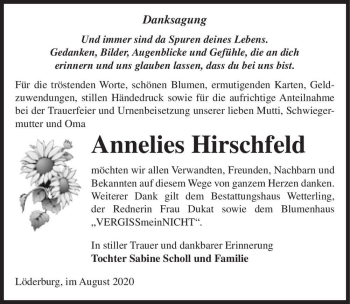 Traueranzeige von Annelies Hirschfeld  von Magdeburger Volksstimme