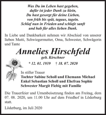 Traueranzeige von Annelies Hirschfeld (geb. Kirschner)  von Magdeburger Volksstimme