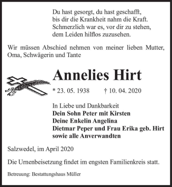 Traueranzeige von Annelies Hirt  von Magdeburger Volksstimme