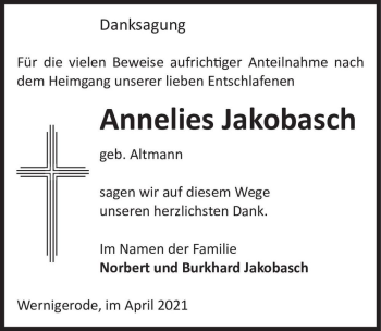 Traueranzeige von Annelies Jakobasch (geb. Altmann)  von Magdeburger Volksstimme