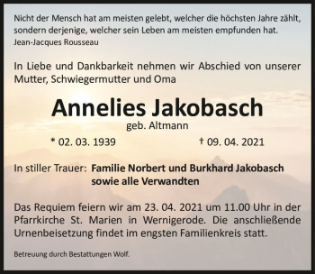 Traueranzeige von Annelies Jakobasch (geb. Altmann)  von Magdeburger Volksstimme
