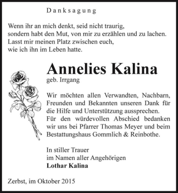 Traueranzeige von Annelies Kalina (geb. Irrgang)  von Magdeburger Volksstimme